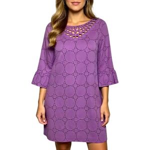 Kelly Diane Purple Eyelet Crochet Neck Ruffle Sleeve Shift Dress Size 14